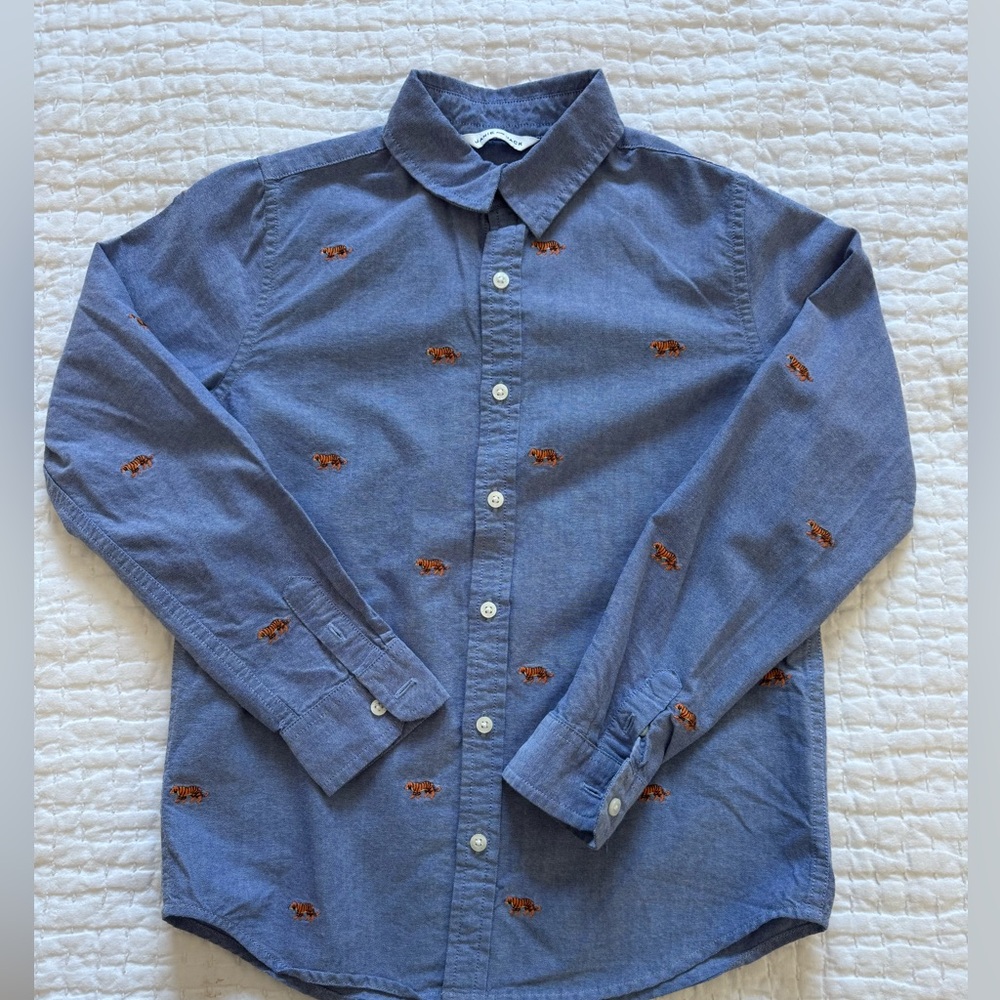 Janie and Jack-Blue Button-Up Shirt with Embroidered Tigers